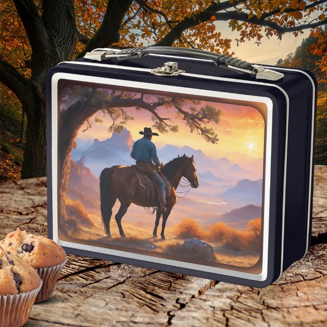 Lunch Box Pays et Western Cowboy Horse (Country and western lunch box with a painting of a cowboy on his horse overlooking a sunset)