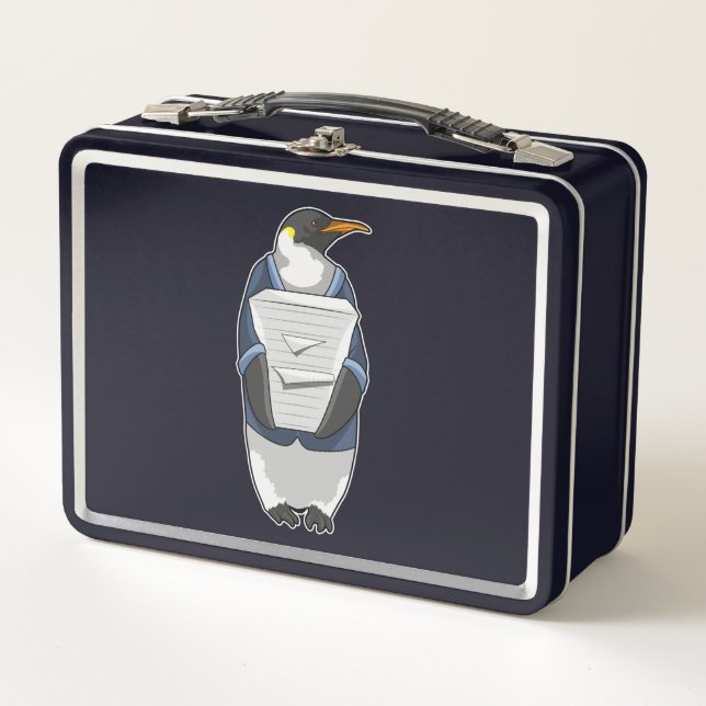 Lunch Box Penguin comme secrétaire avec pile de papier (Devant)