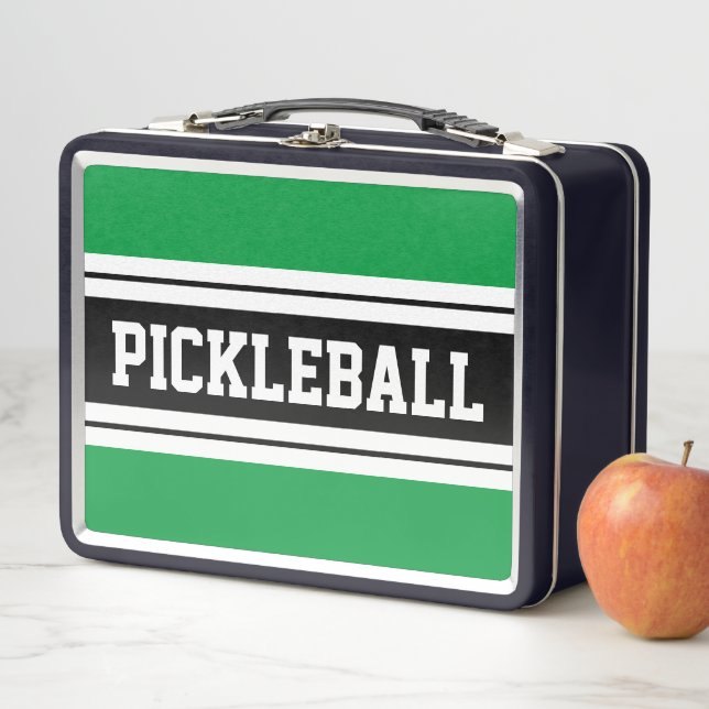 Lunch Box PICKLEBALL vert vif blanc noir rayures de course (En situation)