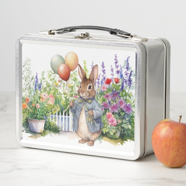 Lunch Box Pierre le lapin bleu veste ballons jardin (En situation)