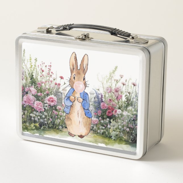Lunch Box Pierre le lapin gomme rose dans son jardin (Devant)