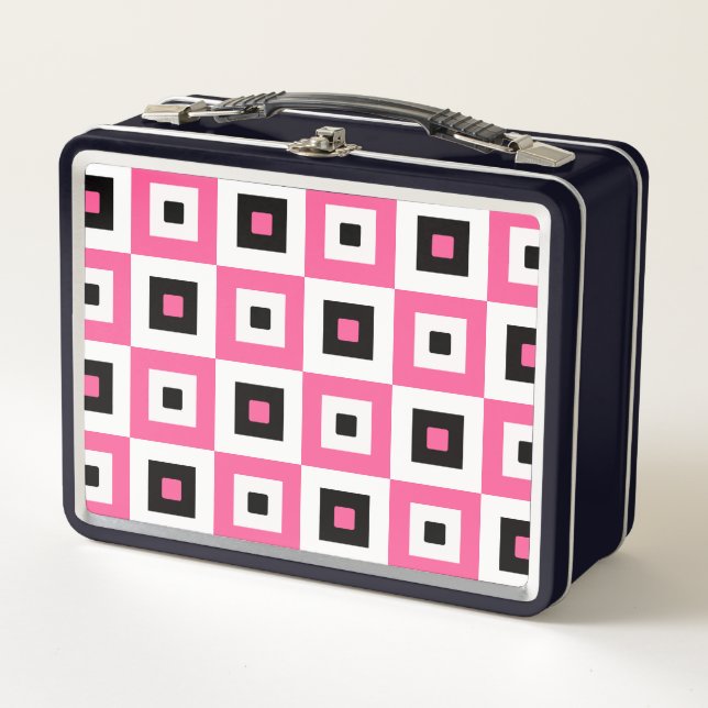 Lunch Box Pink Black and White Checkered Squares Pattern (Devant)