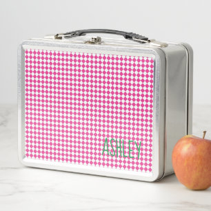Lunch Box Pink White check Green custom name school