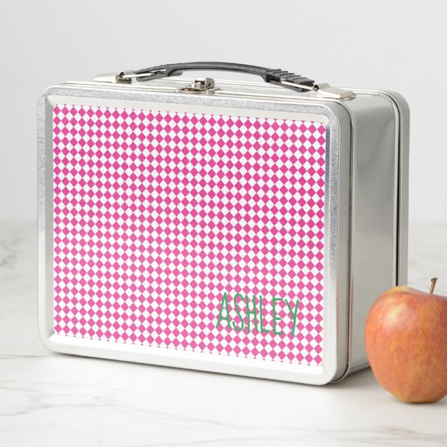 Lunch Box Pink White check Green custom name school (En situation)