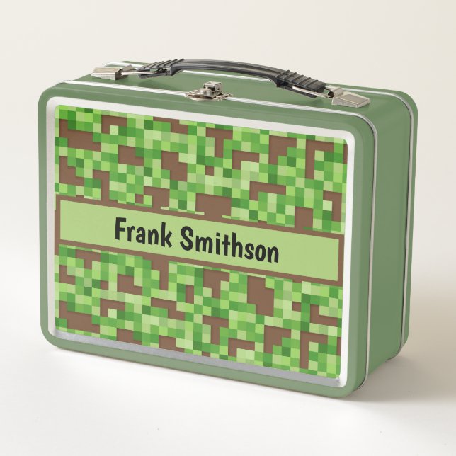 Lunch Box Pixel Camo Gamer Gift Wrap in Green and Brown (Devant)