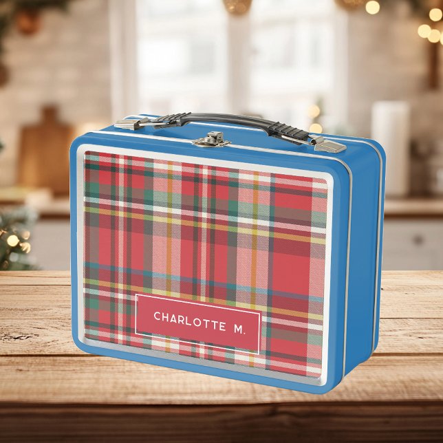 Lunch Box Plaid Classic Personnalisé Enfants Nom Rustique (Red Gingham Blue Lunch Box Personalized)