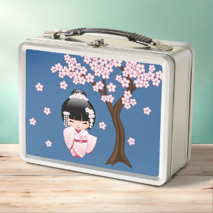 Lunch Box Poupée Kokeshi au kimono rose sur fond bleu