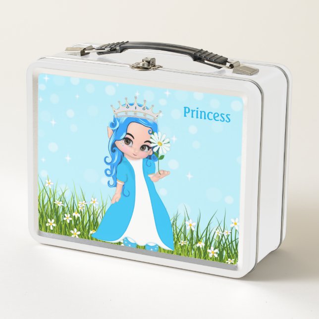 Lunch Box Princesse heureuse habillée de turquoise avec des  (Devant)