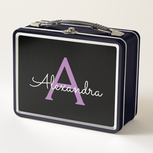 Lunch Box Purple Black Script Girl Nom du monogramme (Devant)