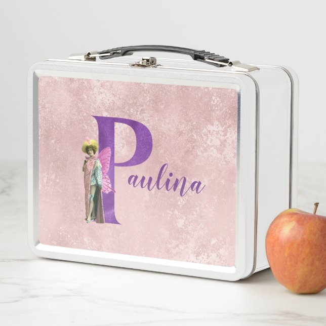 Lunch Box Purple Shimmer Illustré Lettre P Ajouter Nom (En situation)