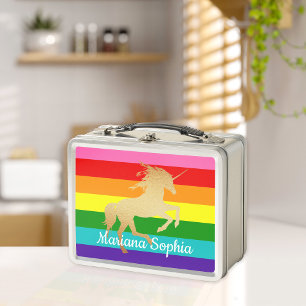 Lunch Box Rainbow Stripe Faux Gold Unicorn Nom Enfants