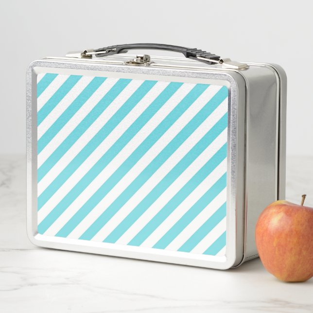 Lunch Box Rayures diagonales classiques bleues et blanches (En situation)