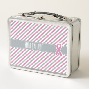Lunch Box Rayures roses et argent texte personnalisé