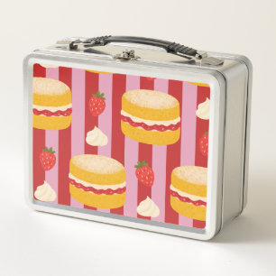 Lunch Box Rayures roses et rouges avec motif de gâteau