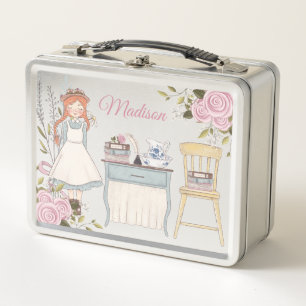 Lunch Box Red Hair Girl Pink Floral Victorian Books School