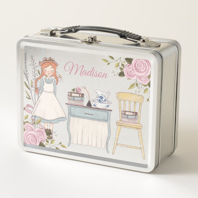Lunch Box Red Hair Girl Pink Floral Victorian Books School (Devant)