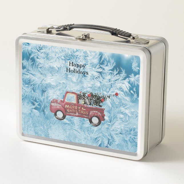 Lunch Box red vintage truck on blue snowflawgrock (Devant)