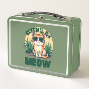 Lunch Box Rétro "Green is the New Meow" Cool Chat Nature Art