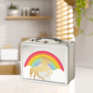 Lunch Box Retro Rainbow Clouds Faux Gold Unicorne Nom Enfant