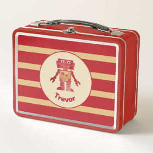 Lunch Box Robot en or rouge rayé monogramme avec nom