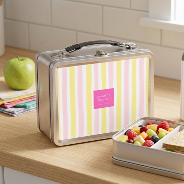 Lunch Box Rose et jaune rayé Élégant Simple Tendance  (Créateur téléchargé)