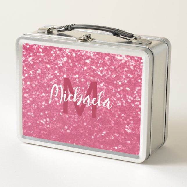 Lunch Box Rose faux pailleté rose clair Monogramme (Devant)