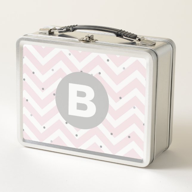 Lunch Box Rose pastel chevron et monogramme gris points (Devant)