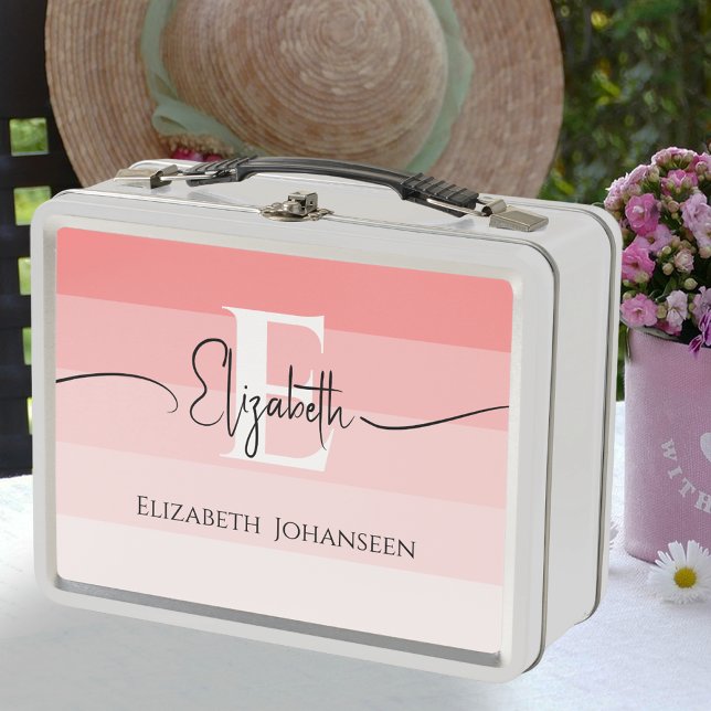 Lunch Box Roses Filles Chic Rayures Rose Monogramme Nom Scri (Créateur téléchargé)
