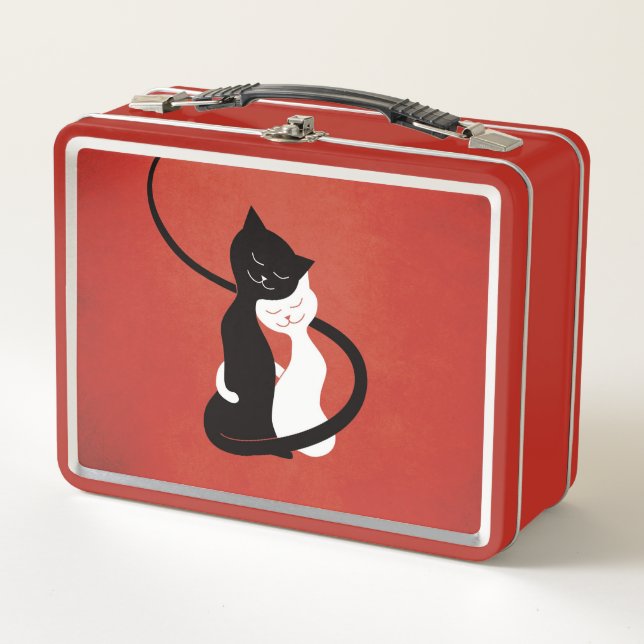 Lunch Box Rouge mignon étreignant des chats d'amour (Devant)