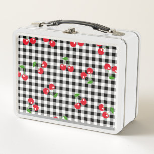 Lunch Box Rouge rétro Cerisier Noir Blanc Buffalo Plaid En v