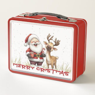 Lunch Box Santa and Reindeer in Festive Cartoon Style