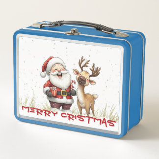 Lunch Box Santa and Reindeer in Festive Cartoon Style