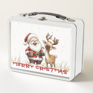 Lunch Box Santa and Reindeer in Festive Cartoon Style