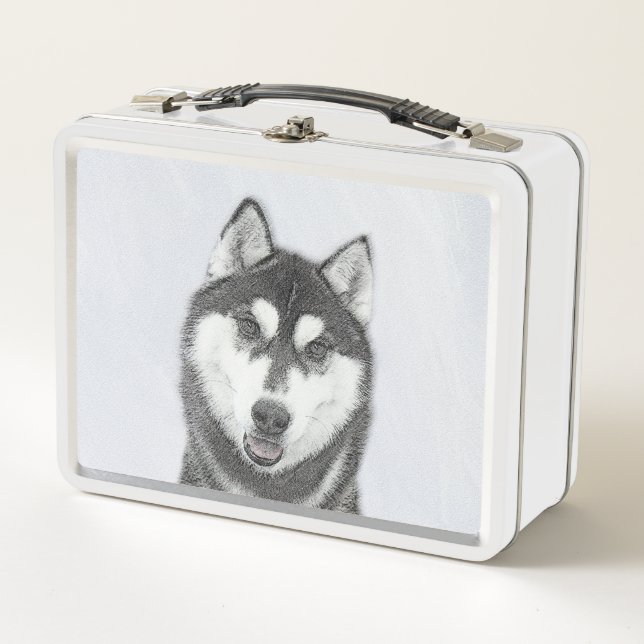 Lunch Box Sibérie Husky (noir et blanc) Peinture Chien Art (Devant)