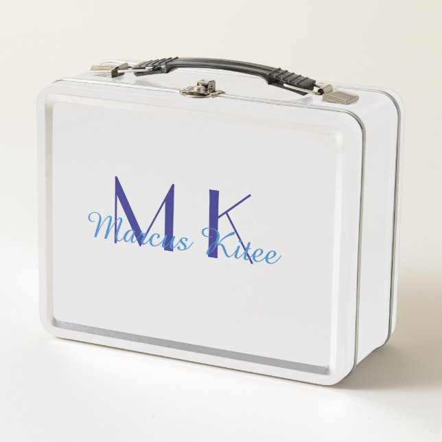 Lunch Box simple minimal monogram personalized name blue ret (Devant)