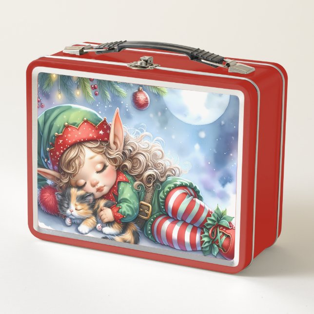 Lunch Box Sleeping Christmas Elf with Calico Kitten (Devant)