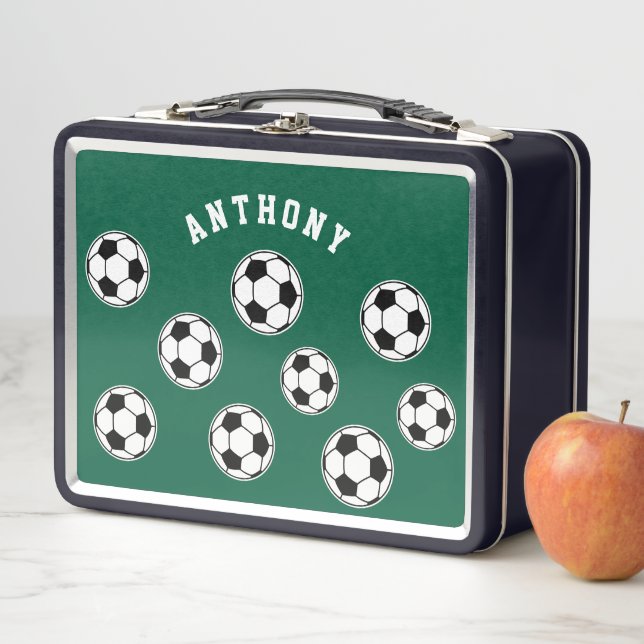 Lunch Box Soccer Green Personalised Kids Back to School (En situation)