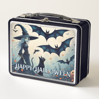 Lunch Box Sorcière, chat noir et chauves-souris dans le ciel