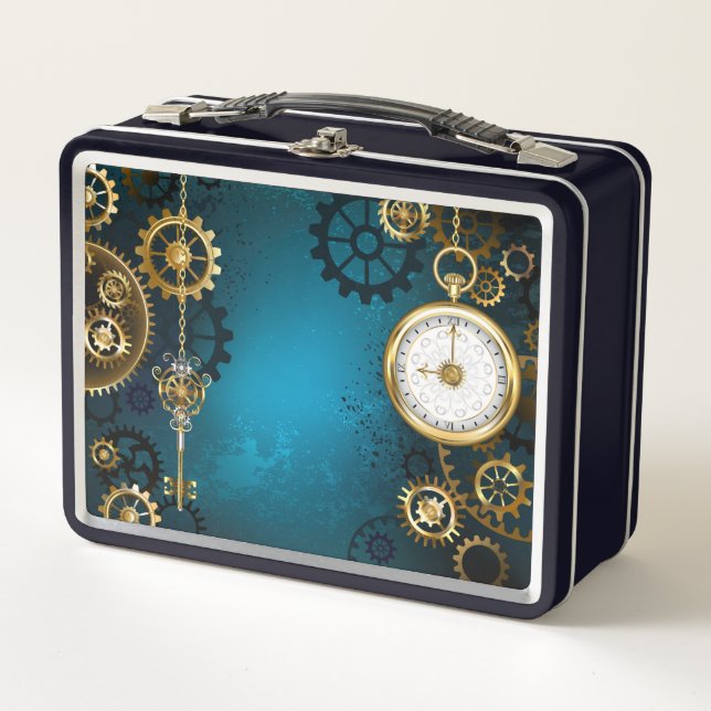 Lunch Box Steampunk Arrière - plan turquoise avec Gears (Devant)