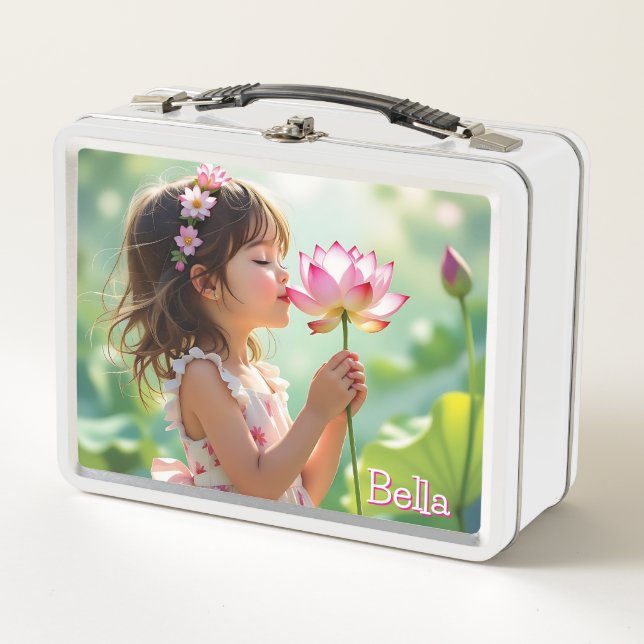 Lunch Box Sweet Little Girl Smelling a Flower Personalized (Devant)