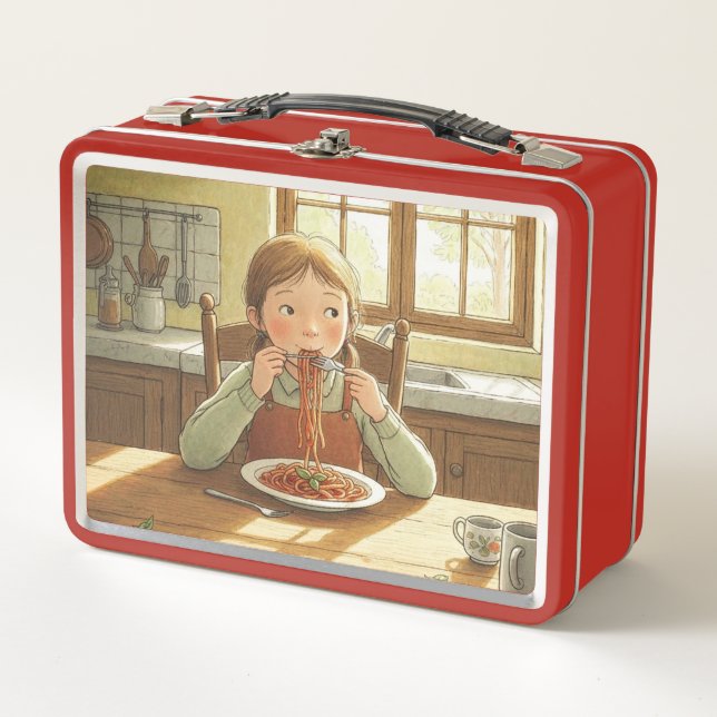 Lunch Box Sweet Modest Design – Jewish Girl Eating Pasta (Devant)
