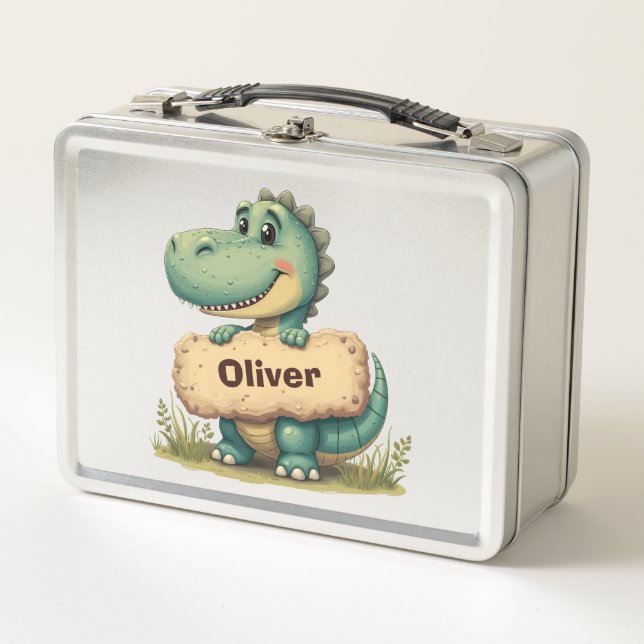Lunch Box T-Rex joueur avec plaque de nom en pierre (Devant)