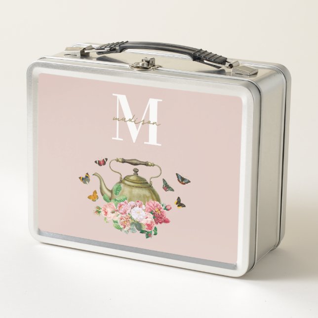 Lunch Box Teapot Party rose Floral & Papillons Monogramme (Devant)