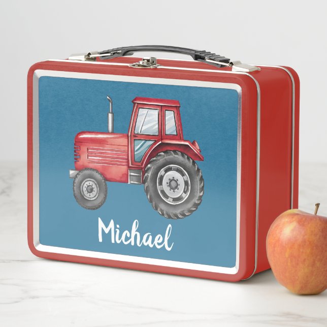 Lunch Box Tracteur rouge mignon personnalisé ferme Aquarelle (En situation)