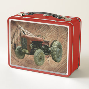 Lunch Box Tracteur rouge Vintage Rustic Barn Shed