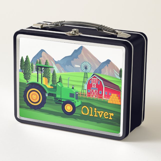 Lunch Box Tracteur vert personnalisé Barnyard Farm (Devant)
