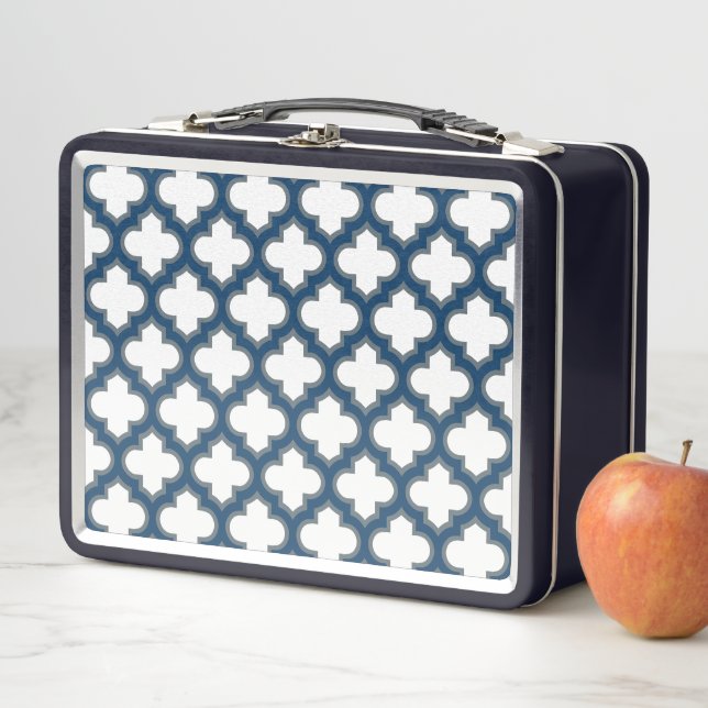 Lunch Box Trellis bleu blanc et marine, treillis, Quatrefoil (En situation)