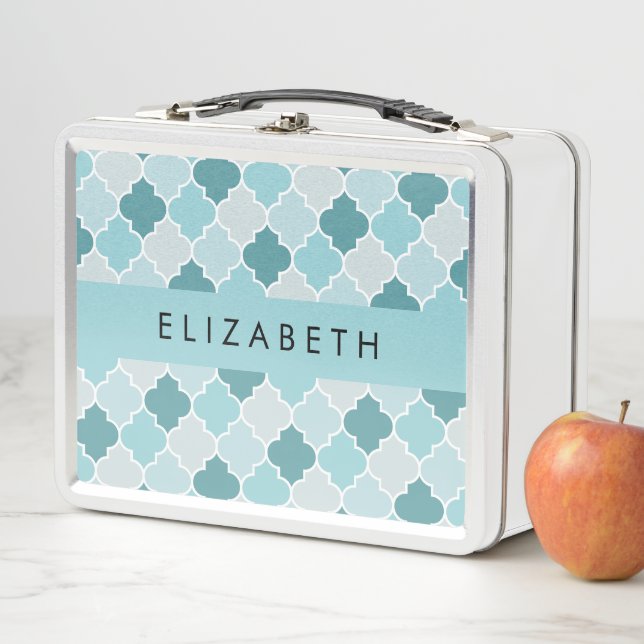 Lunch Box Trellis Bleu Marocain, Quatrefoil, Votre Nom (En situation)