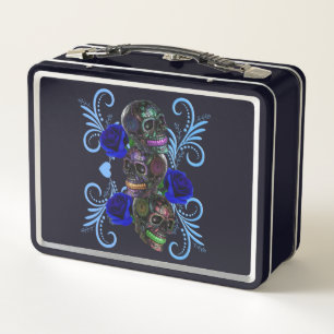 Lunch Box Triple Jour Noir Des Crânes Morts Roses Bleus