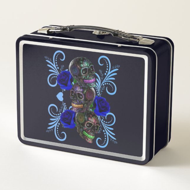 Lunch Box Triple Jour Noir Des Crânes Morts Roses Bleus (Dos)